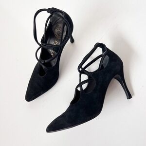 Vintage 90s Italian Black Suede Strappy Stiletto Pumps Pointed Toe Heels Size 6